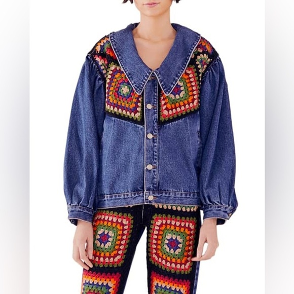 FARM Rio Jackets & Blazers - FARM Rio Blue Denim Jacket with Multicolor Crochet Panels